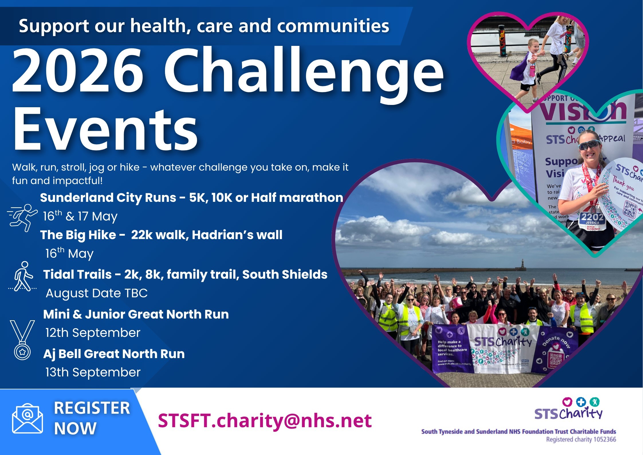 A poster with our upcoming events. These are Sunderland City Runs on 16th and 17th May, Tidal Trails on 16th May, Mini and Junior Great North Run on 12th September and the Great North Run on 13th September 