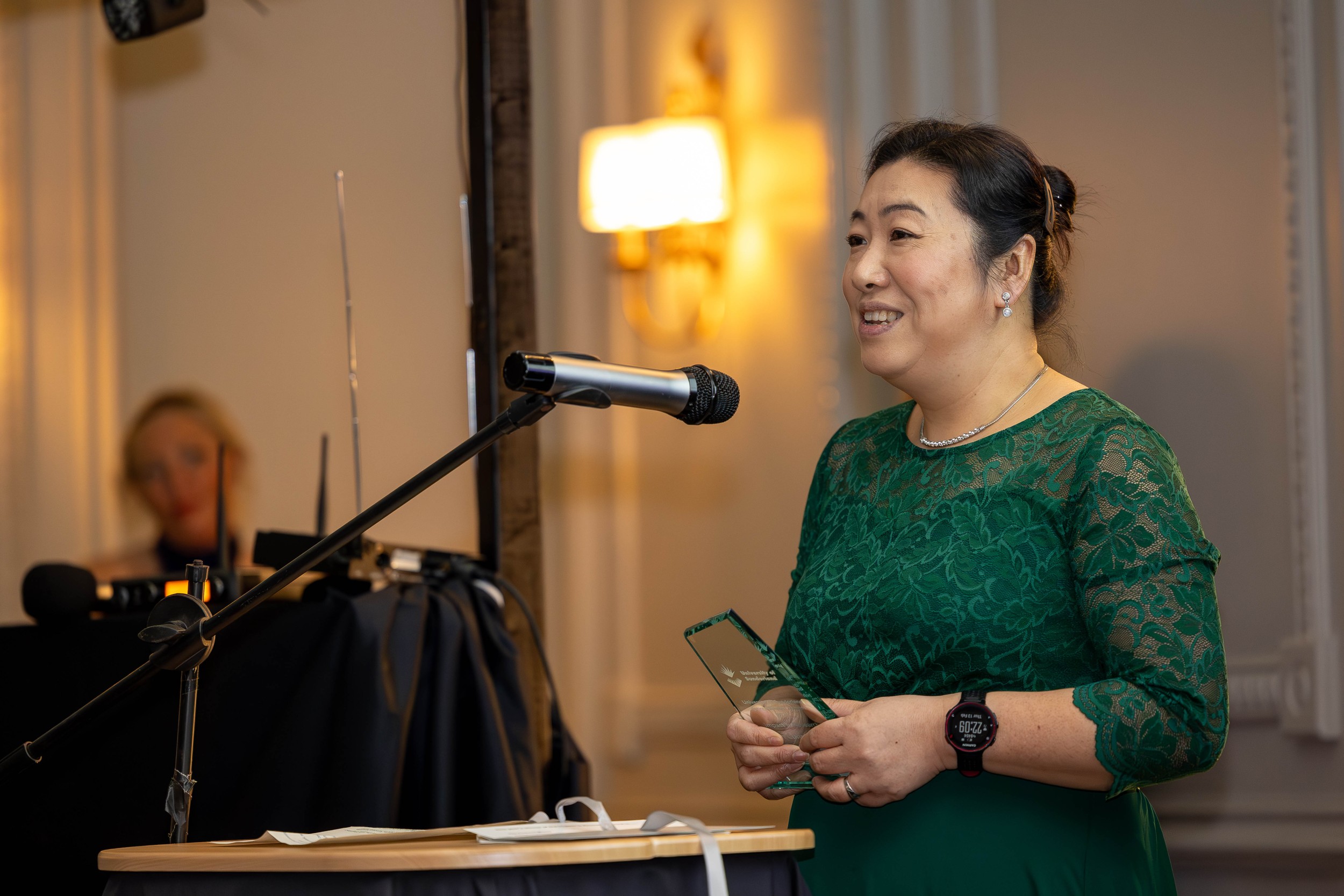 Yan Cunningham winning the Impact and Research Award at the University of Sunderland's Apprenticeship Awards.jpg