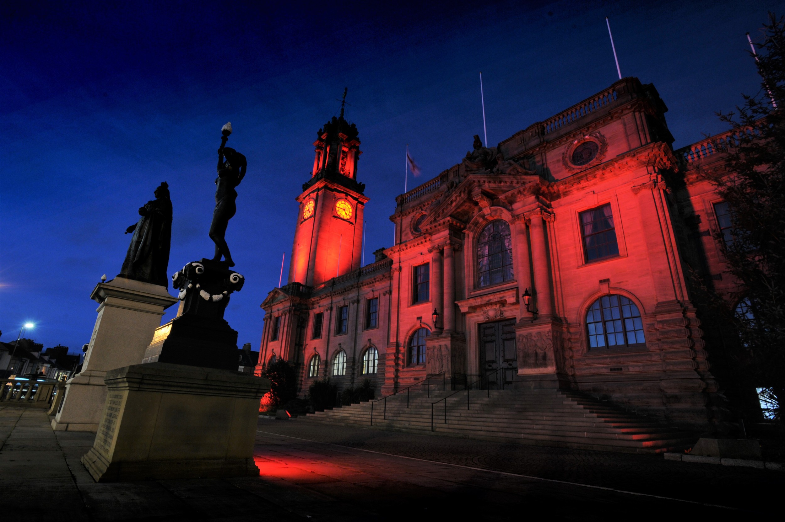 South Shields Town Hall lit up in red on a previous occasion..jpg